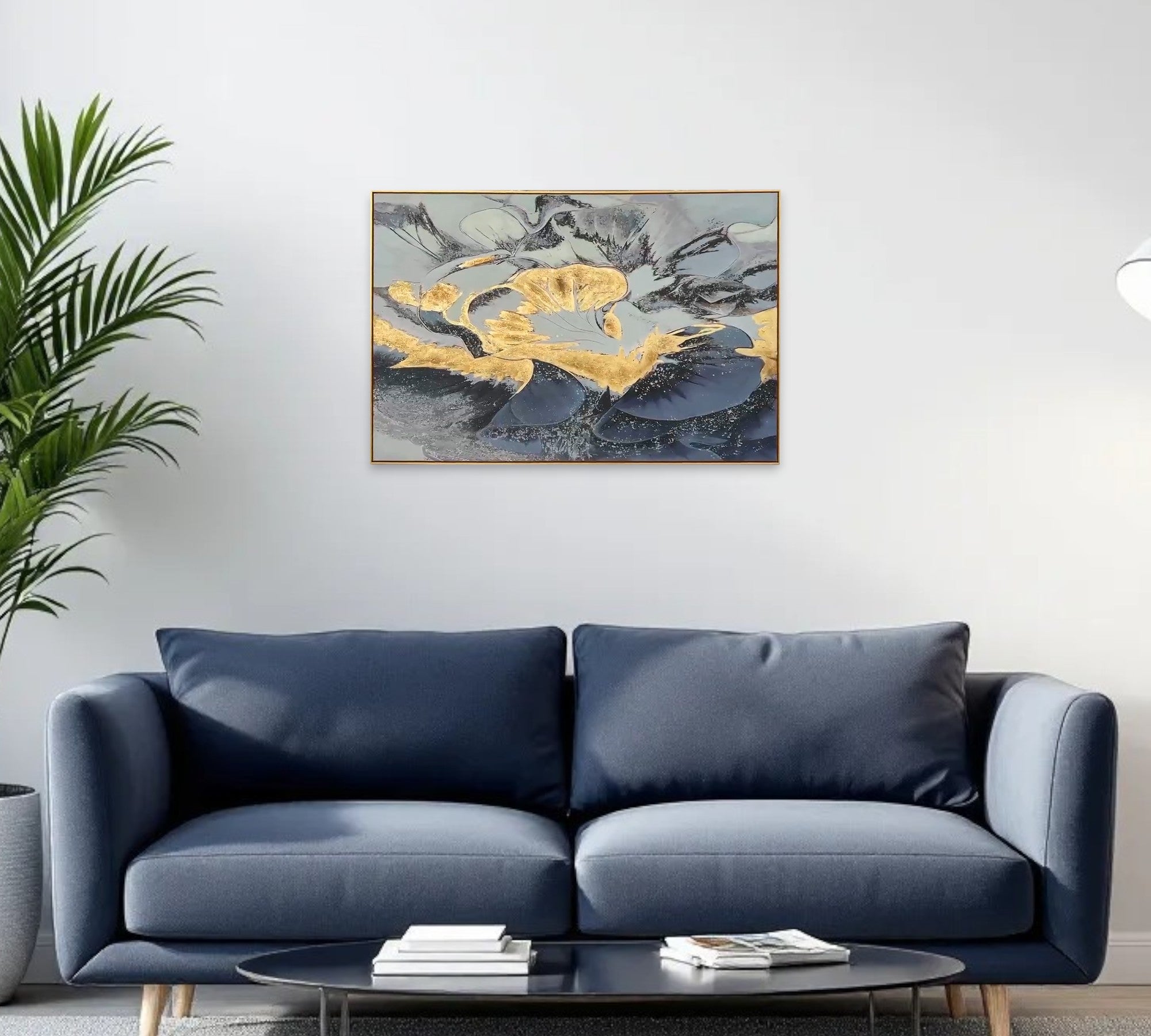 Blue And Gold Modern Abstract Gold Framed Wall Art