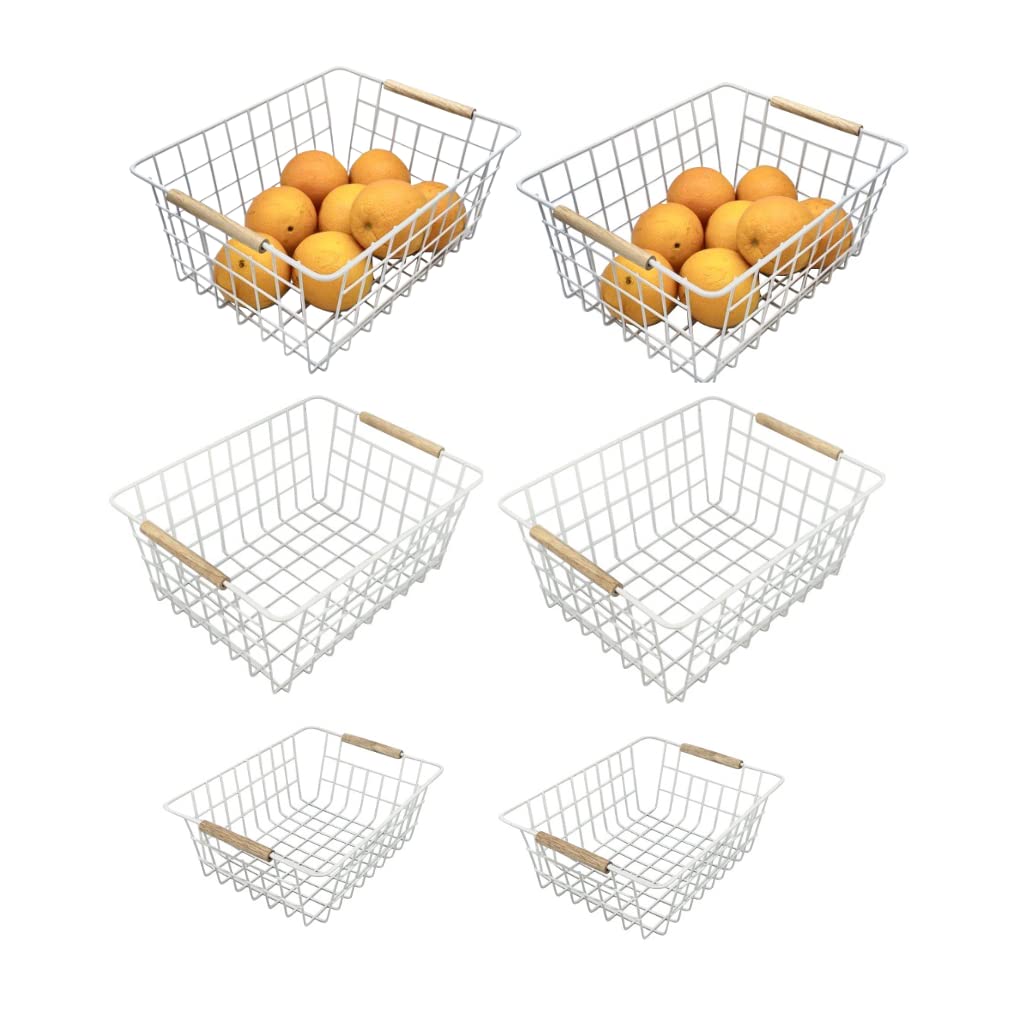 Evelots Wire Storage Baskets with Wood Handles-Pack of 6-Kitchen Cabinet, Pantry Shelf Organization, or Bathroom Metal Basket-Re