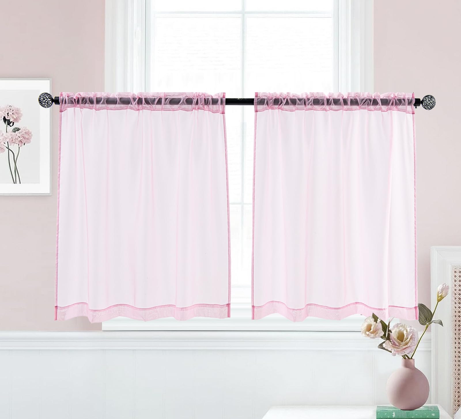 Pi Sheer Curtains,Small Window Treatment Light Voile With Rod Pocket For Café/Kitchen/Bedroom/Living Room 2 Panels (W42Xl36,Bright Pink)