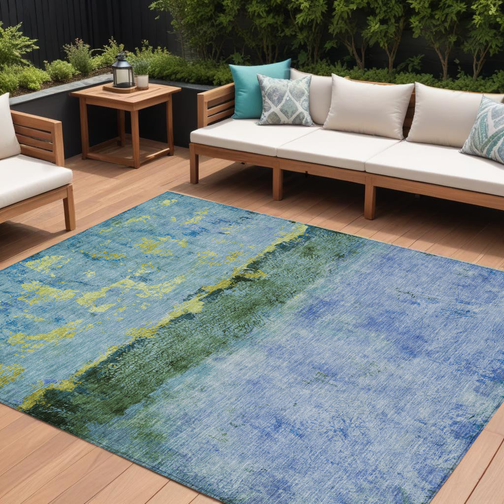 9' X 12' Blue And Lime Green Abstract Washable Indoor Outdoor Area Rug