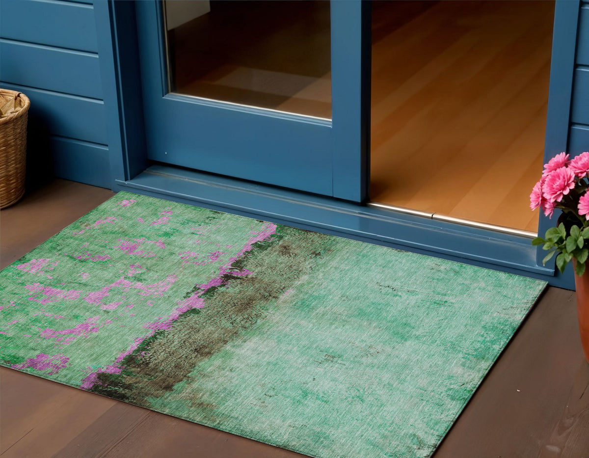 3' X 5' Green And Pink Abstract Washable Indoor Outdoor Area Rug