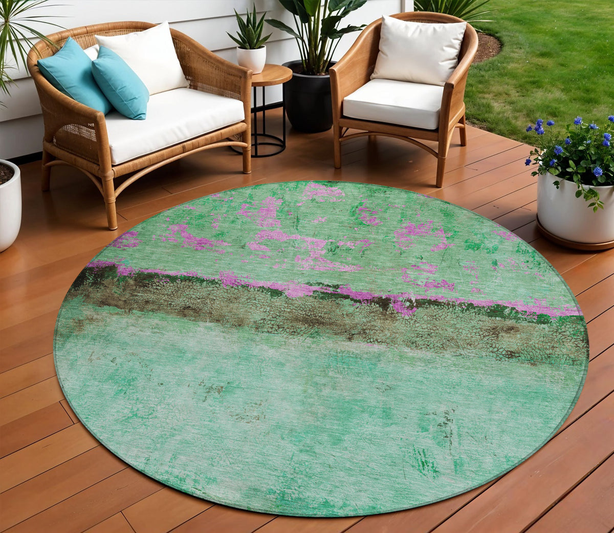 8' Green And Pink Round Abstract Washable Indoor Outdoor Area Rug