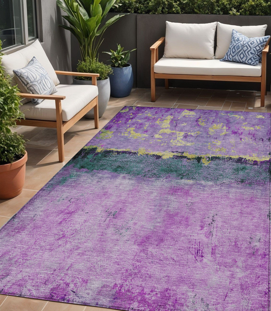 5' X 8' Plum And Gold Abstract Washable Indoor Outdoor Area Rug