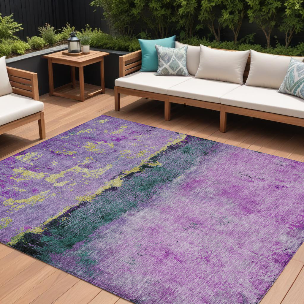 9' X 12' Plum And Gold Abstract Washable Indoor Outdoor Area Rug