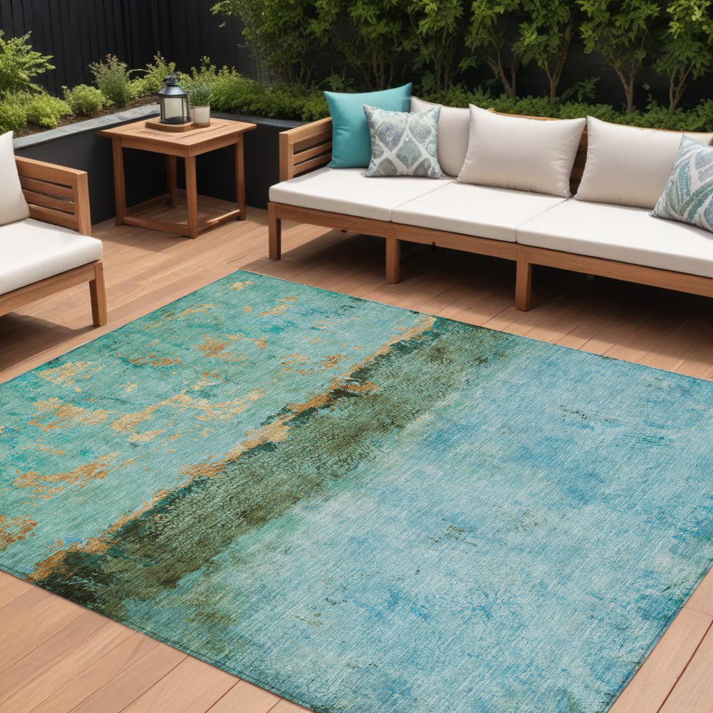 9' X 12' Teal Blue And Gold Abstract Washable Indoor Outdoor Area Rug