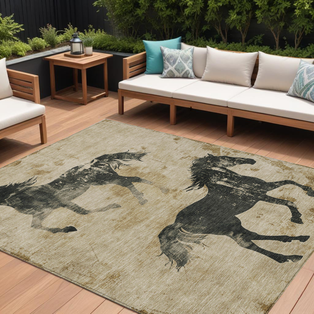 10' X 14' Beige And Charcoal Horse Washable Indoor Outdoor Area Rug