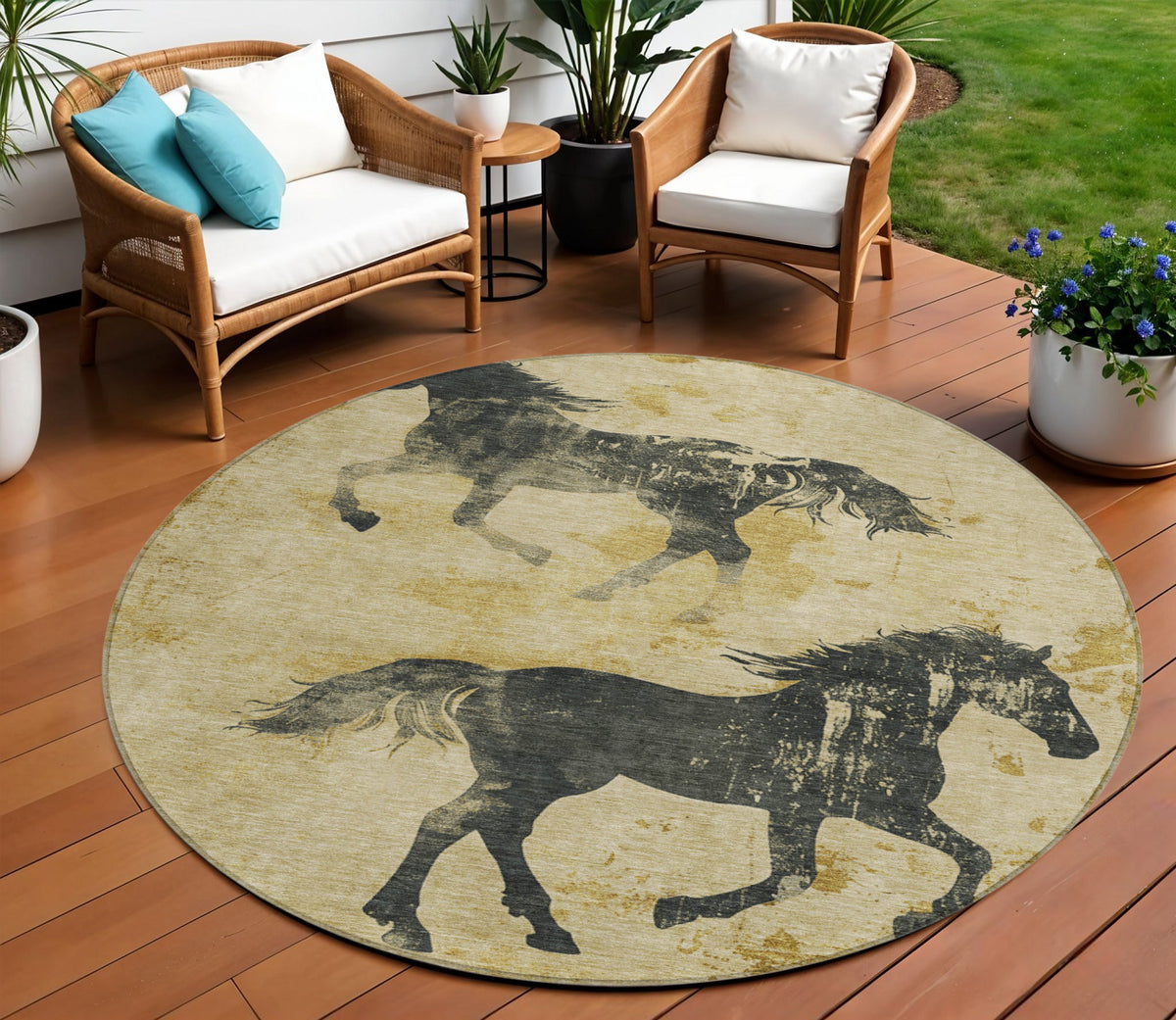 8' Gold And Charcoal Round Horse Washable Indoor Outdoor Area Rug