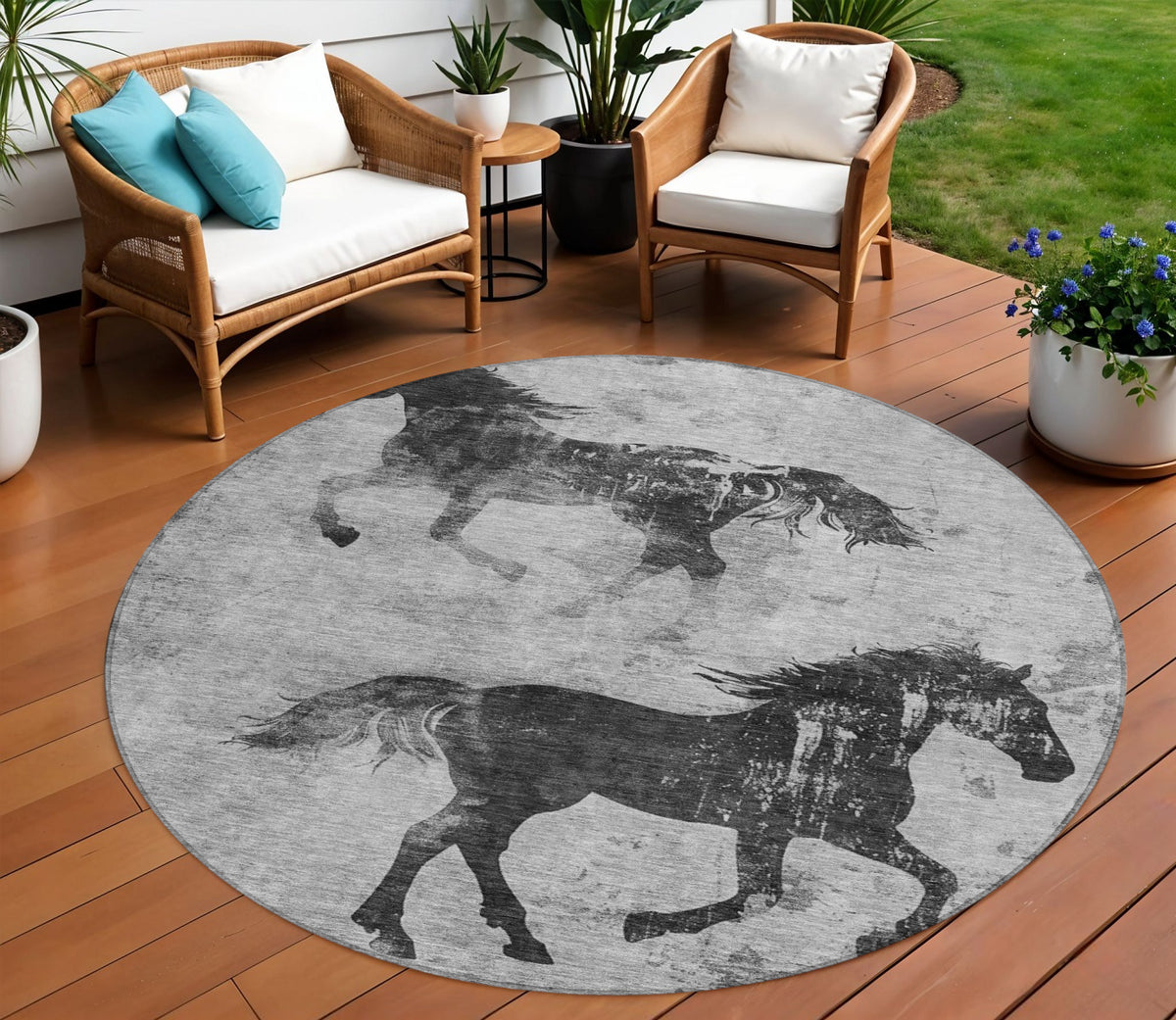 8' Gray And Charcoal Round Horse Washable Indoor Outdoor Area Rug