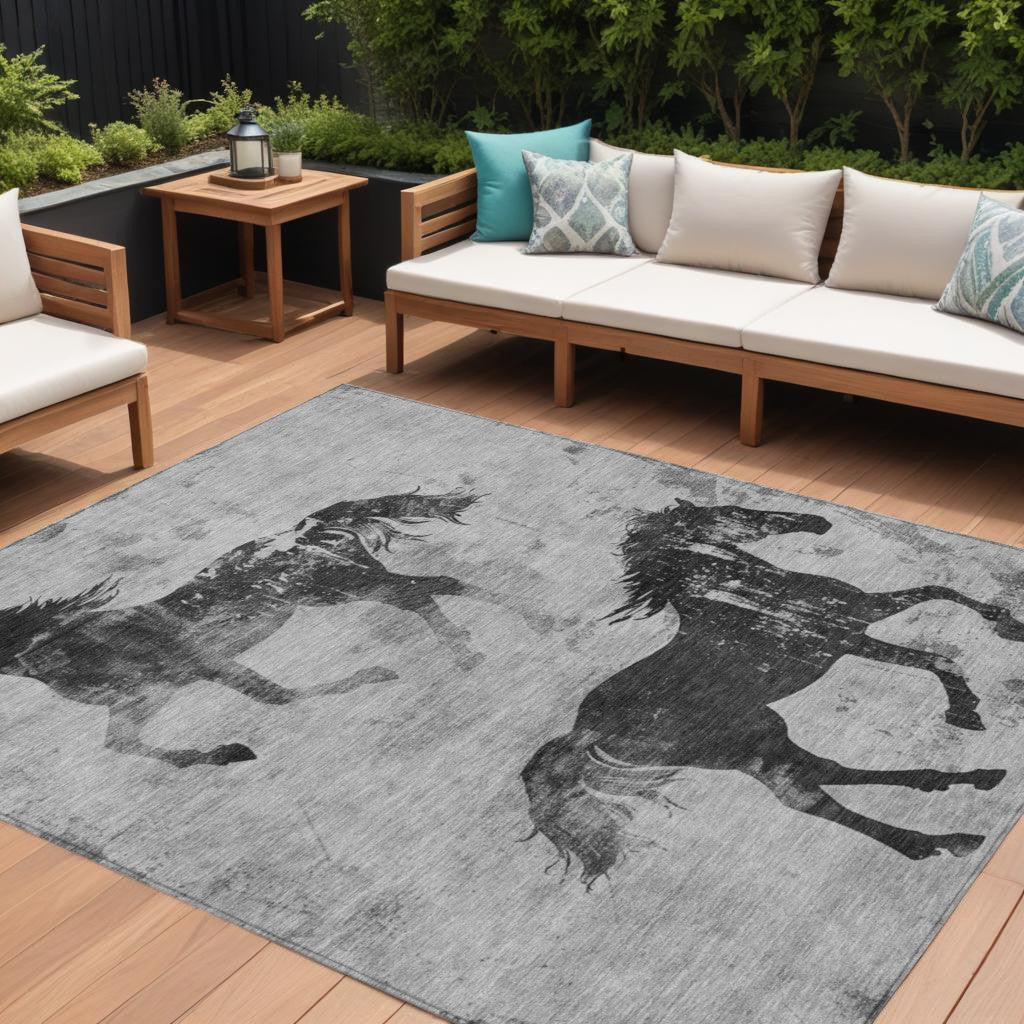 9' X 12' Gray And Charcoal Horse Washable Indoor Outdoor Area Rug