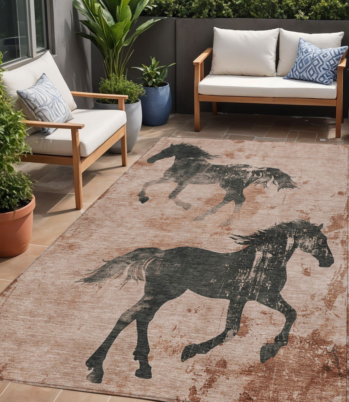 5' X 8' Rust And Charcoal Horse Washable Indoor Outdoor Area Rug