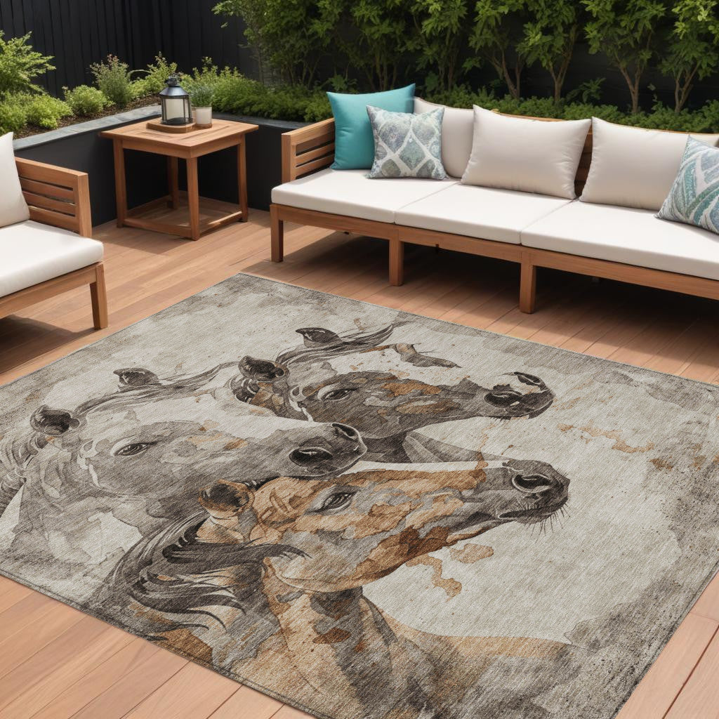 9' X 12' Beige And Gray Horse Washable Indoor Outdoor Area Rug