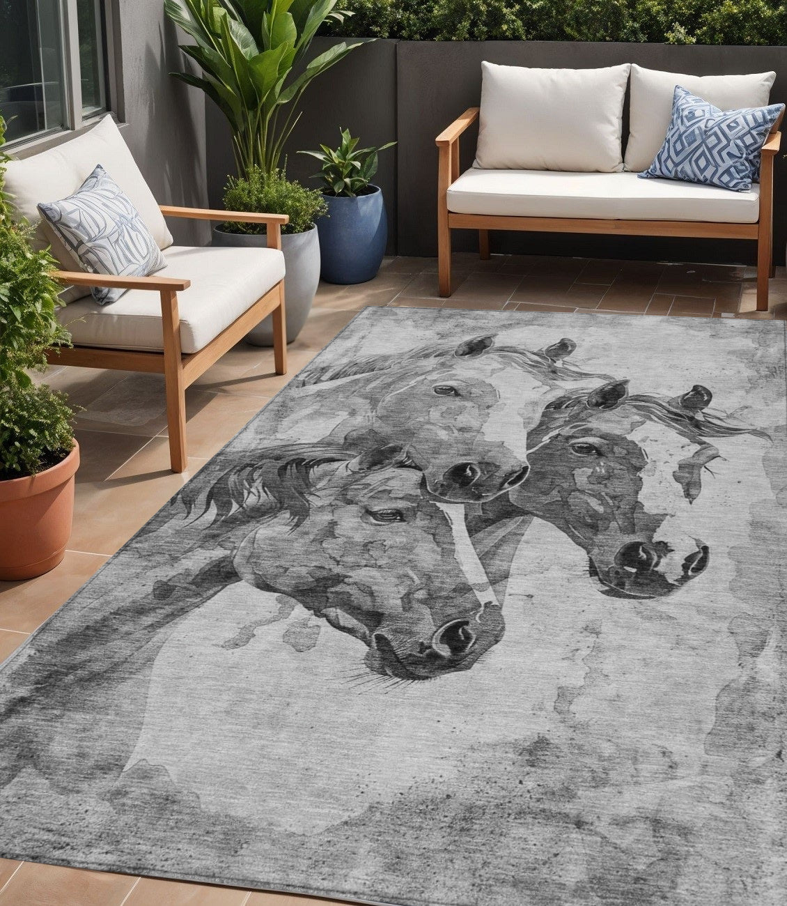5' X 8' Gray And Silver Horse Washable Indoor Outdoor Area Rug