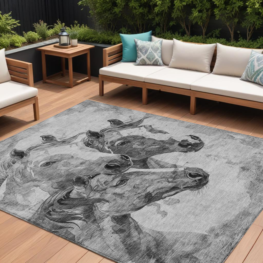9' X 12' Gray And Silver Horse Washable Indoor Outdoor Area Rug