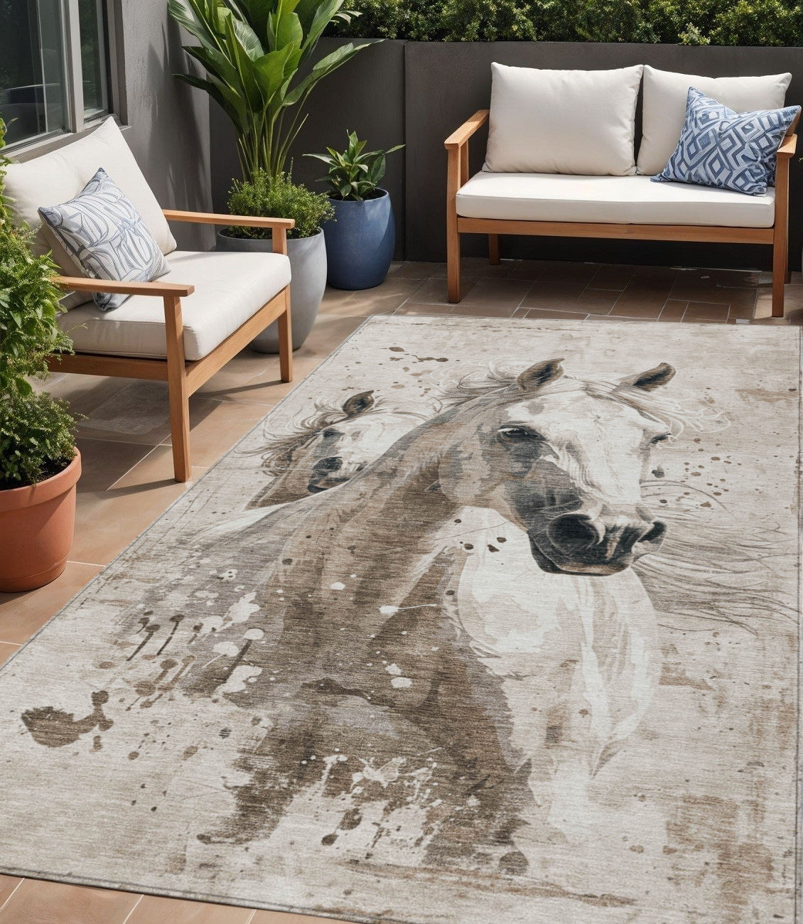5' X 8' Ivory And Gray Horse Washable Indoor Outdoor Area Rug