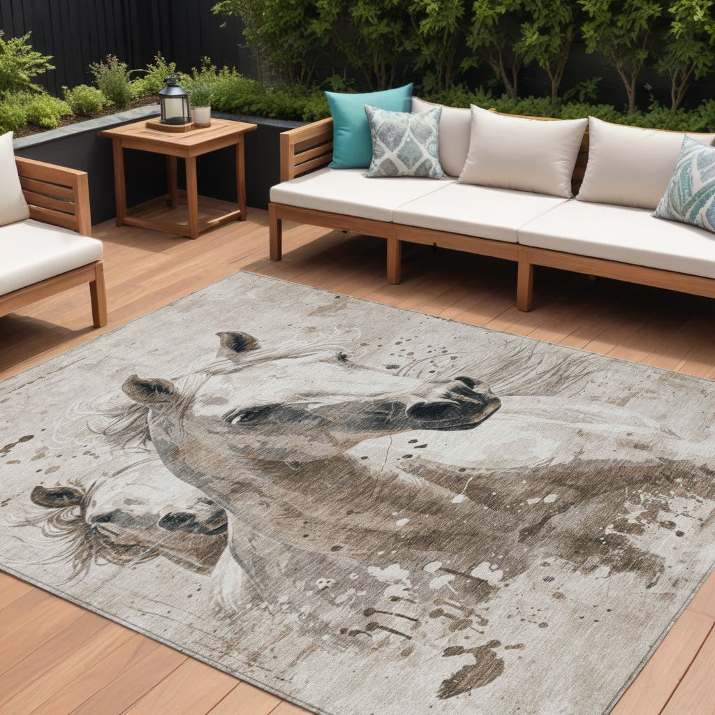 9' X 12' Ivory And Gray Horse Washable Indoor Outdoor Area Rug