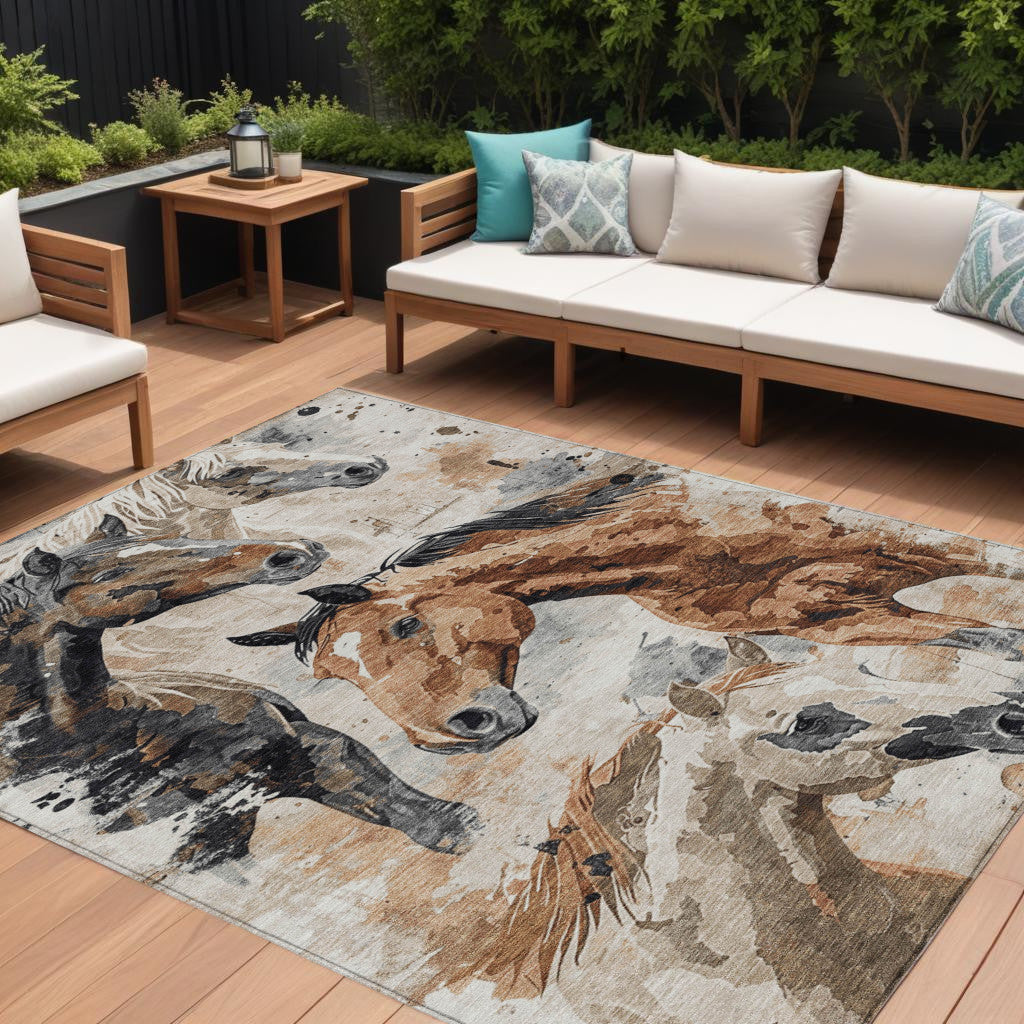 10' X 14' Beige Charcoal And Brown Horse Washable Indoor Outdoor Area Rug