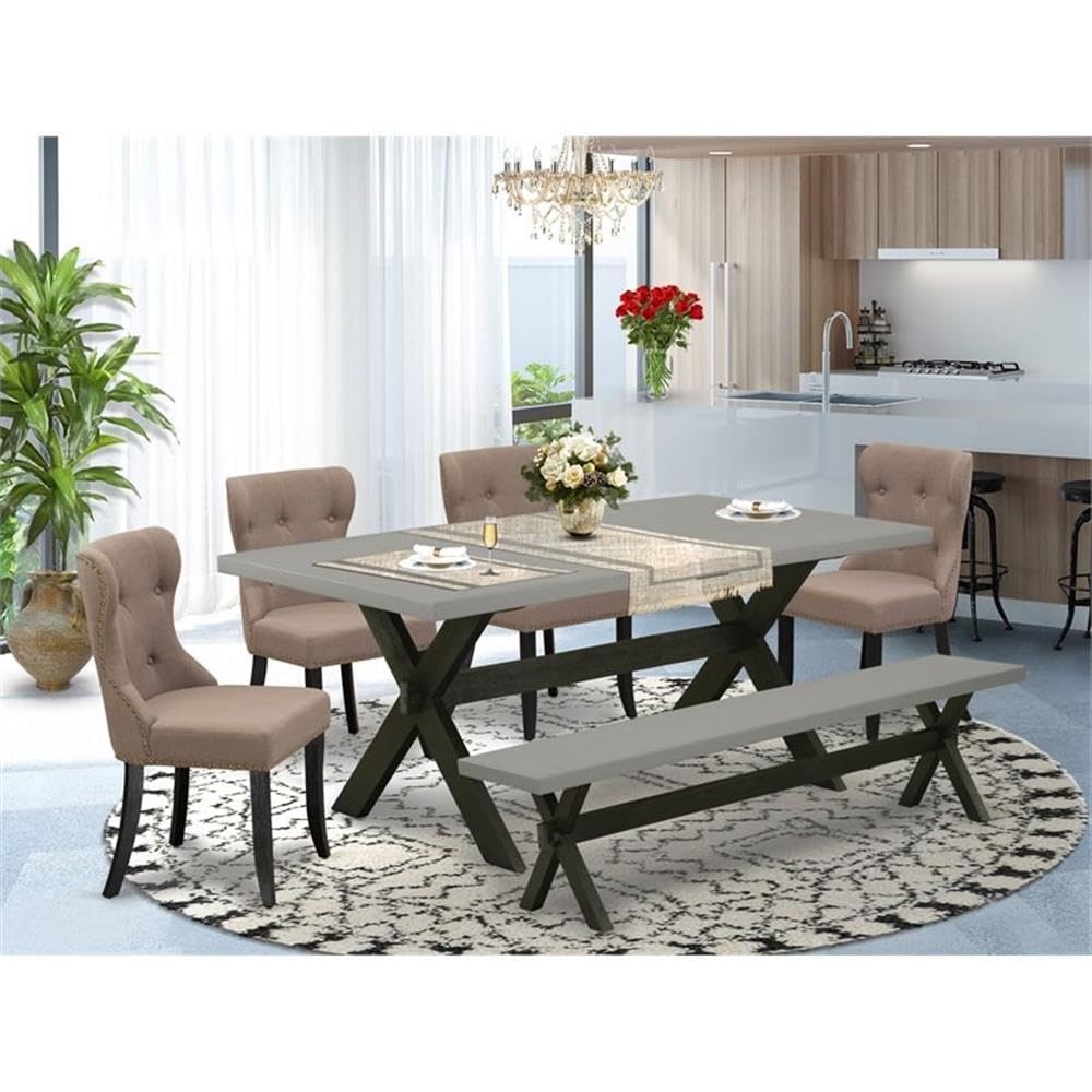 East West Furniture X697Si648-6 6 Piece Dinette Set Contains A Rectangle Dining Room Table With X-Legs And 4 Coffee Linen Fabric Parson Chairs With A Bench, 40X72 Inch, Multi-Color