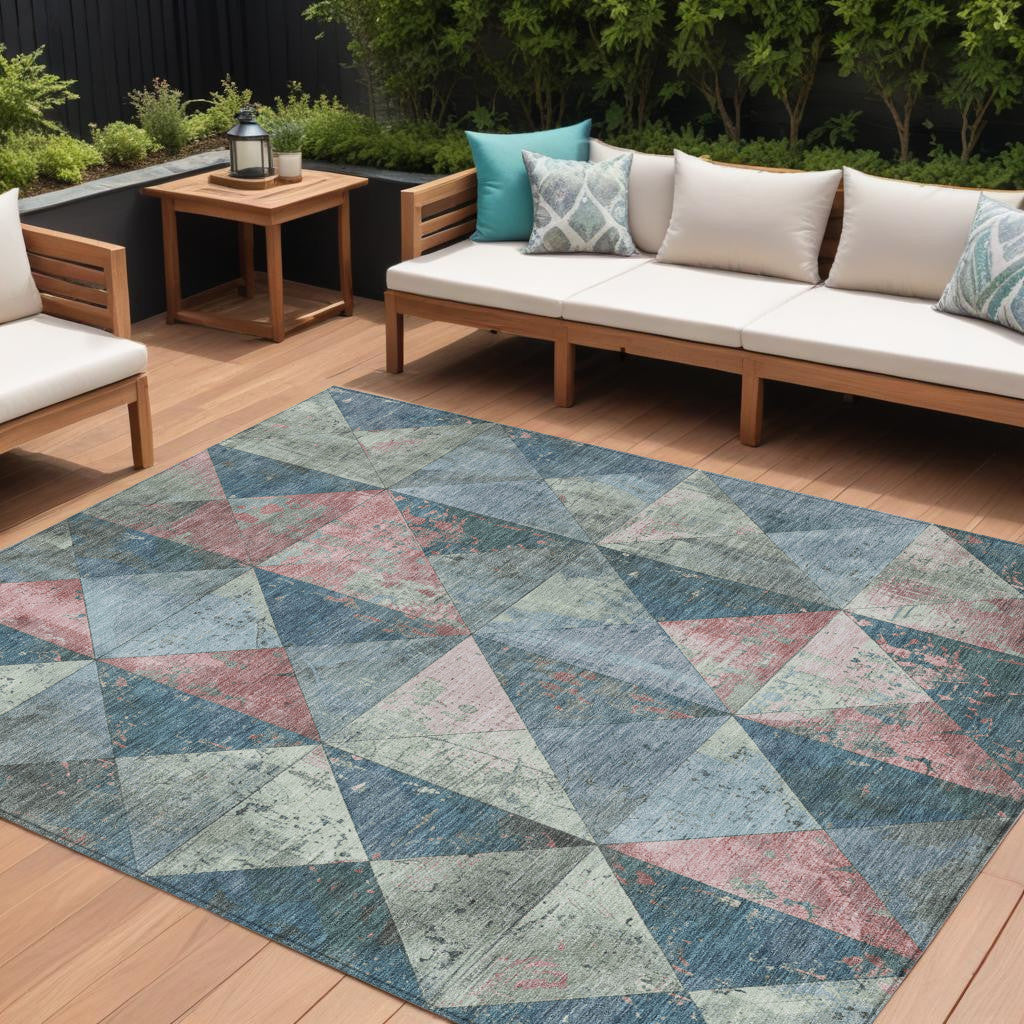 10' X 14' Denim Blue And Blush Geometric Washable Indoor Outdoor Area Rug