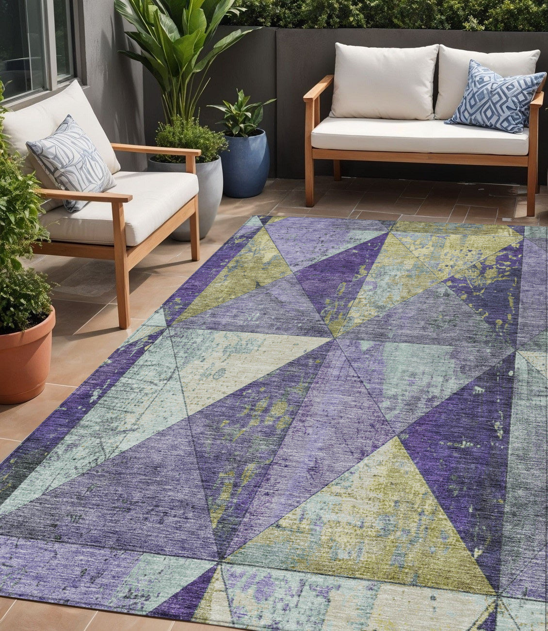 5' X 8' Eggplant And Gold Geometric Washable Indoor Outdoor Area Rug