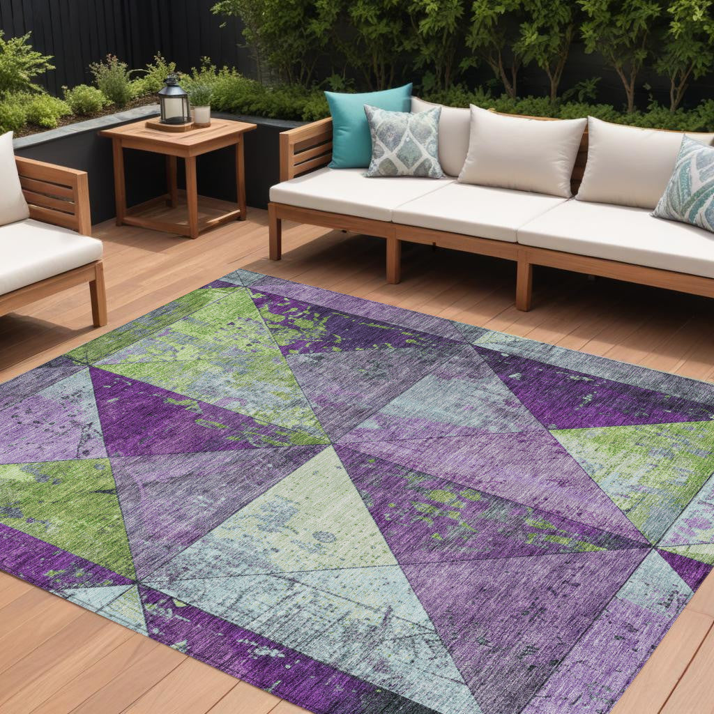 9' X 12' Purple And Lime Green Geometric Washable Indoor Outdoor Area Rug