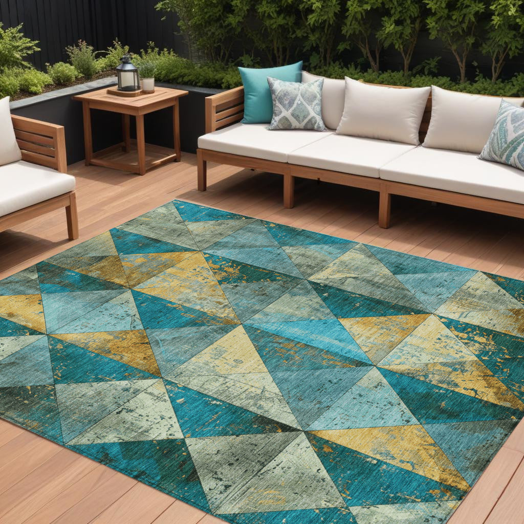 9' X 12' Teal Blue And Gold Geometric Washable Indoor Outdoor Area Rug