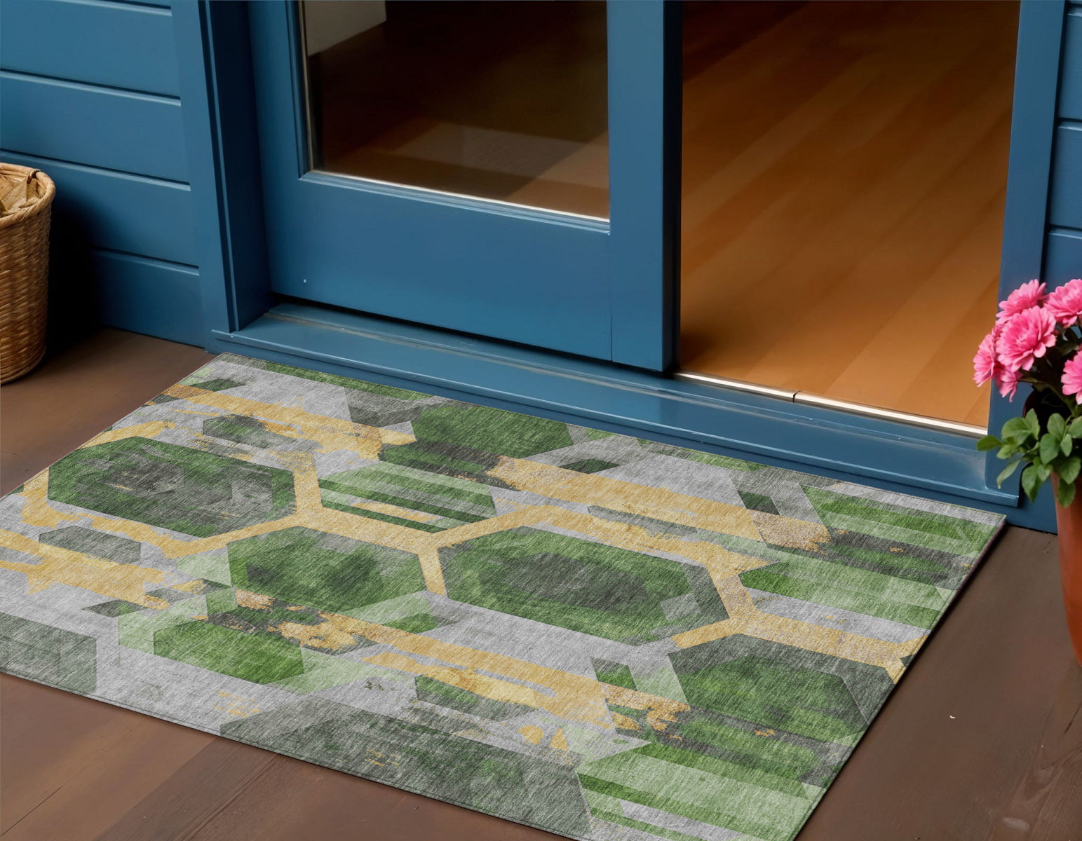 3' X 5' Green Gold And Silver Geometric Washable Indoor Outdoor Area Rug