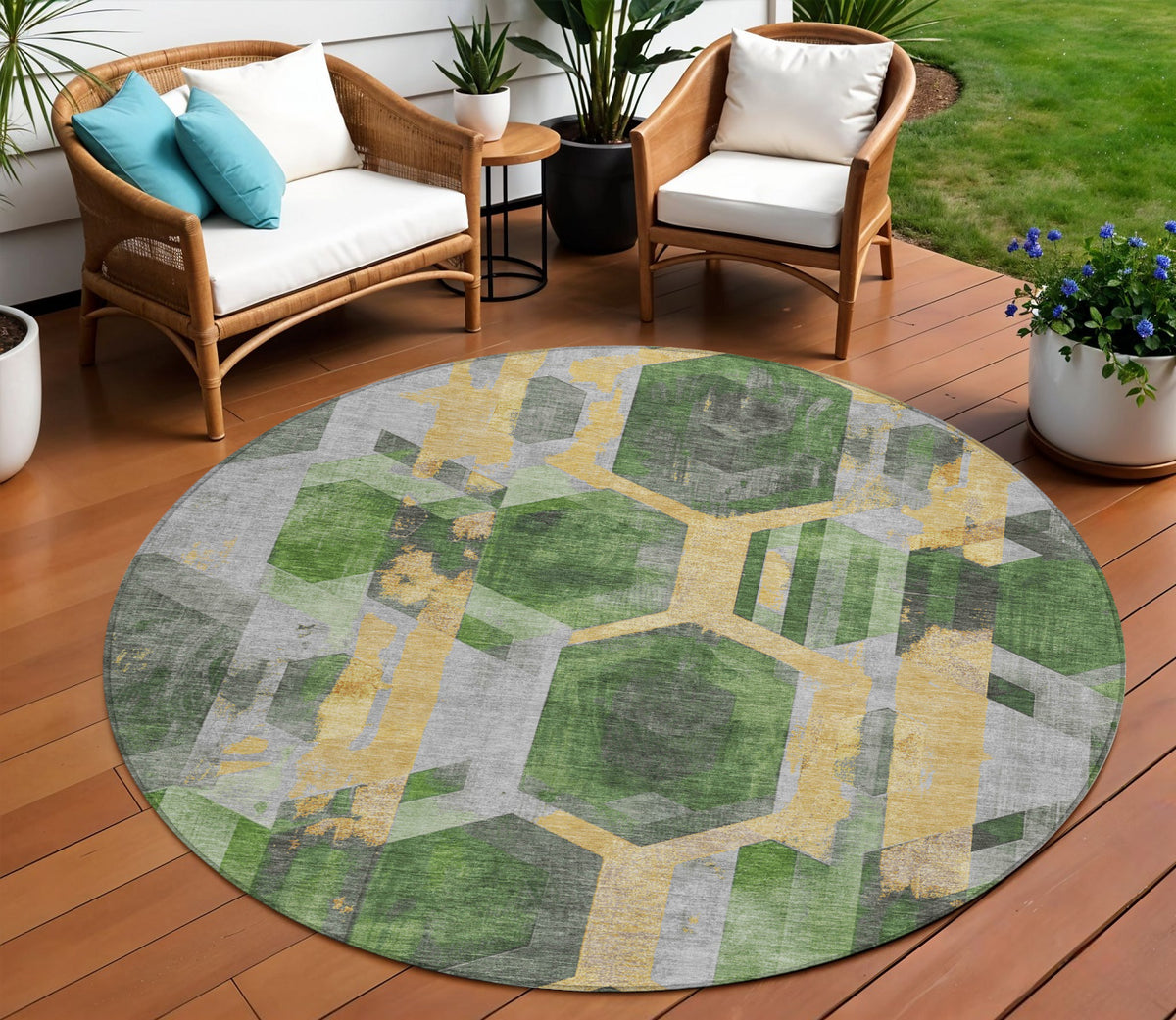 8' Green Gold And Silver Round Geometric Washable Indoor Outdoor Area Rug