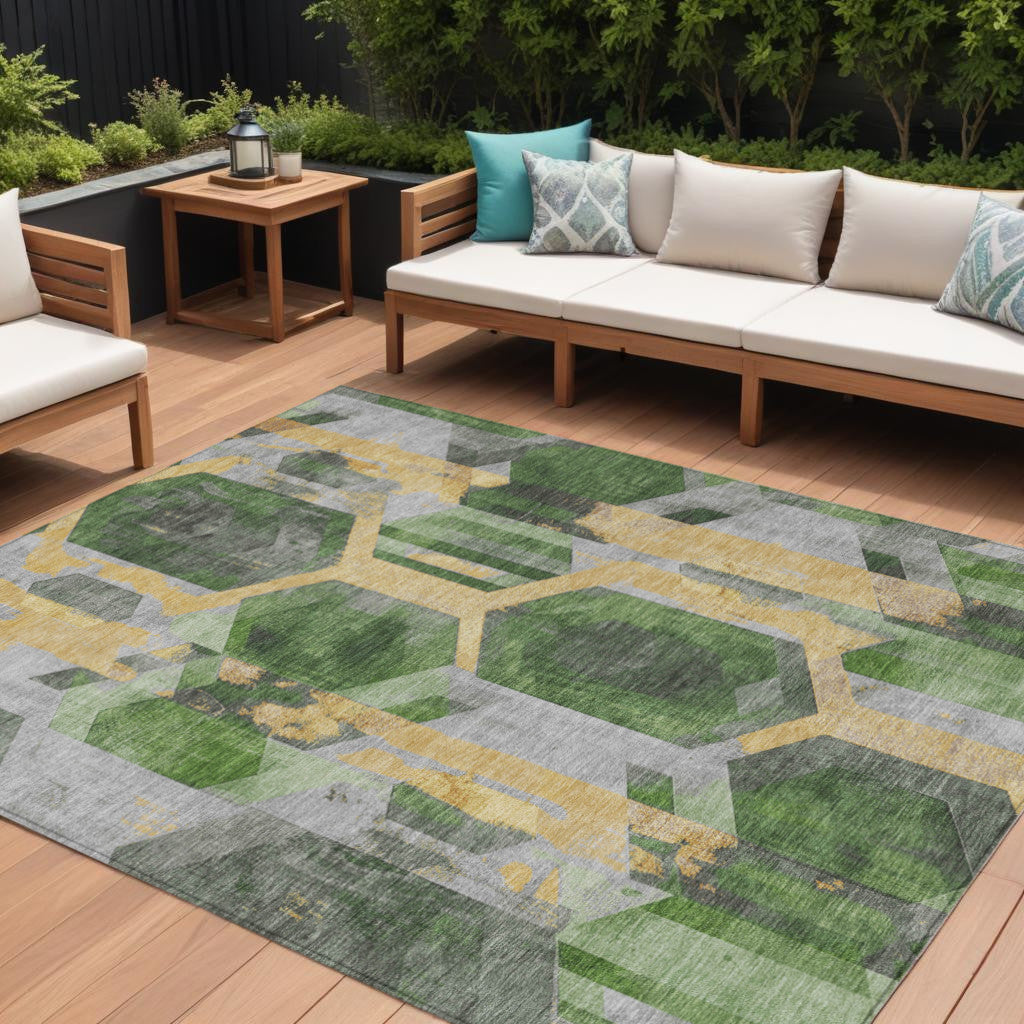10' X 14' Green Gold And Silver Geometric Washable Indoor Outdoor Area Rug