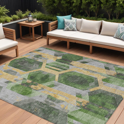 10' X 14' Green Gold And Silver Geometric Washable Indoor Outdoor Area Rug
