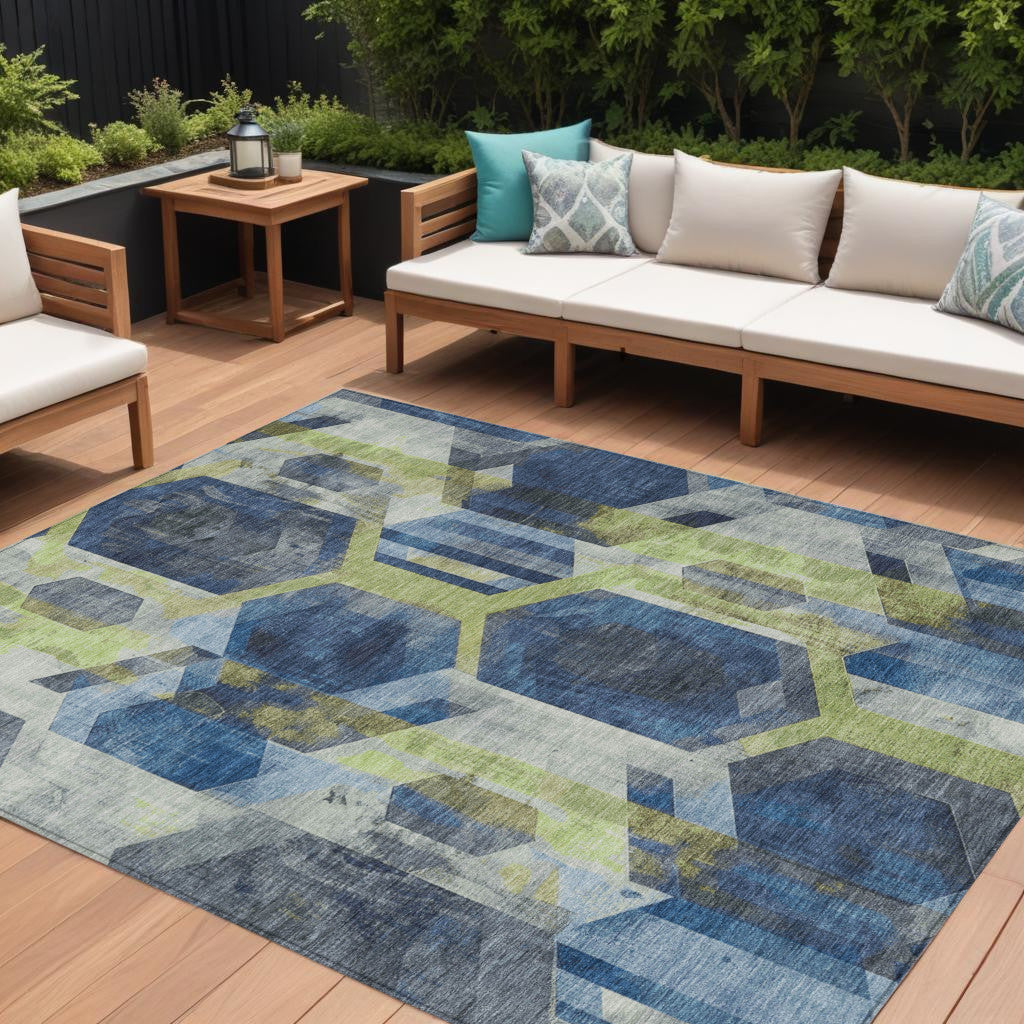 9' X 12' Navy Blue Gold And Silver Geometric Washable Indoor Outdoor Area Rug