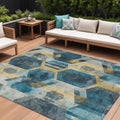8' X 10' Teal Blue Gold And Silver Geometric Washable Indoor Outdoor Area Rug
