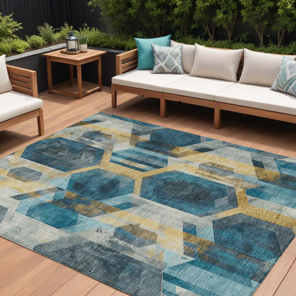 10' X 14' Teal Blue Gold And Silver Geometric Washable Indoor Outdoor Area Rug