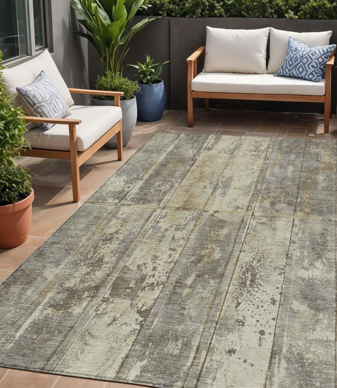 5' X 8' Beige Gold And Khaki Abstract Washable Indoor Outdoor Area Rug