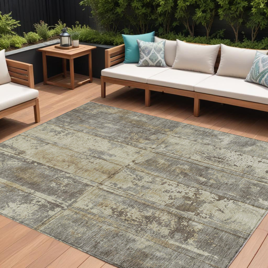 9' X 12' Beige Gold And Khaki Abstract Washable Indoor Outdoor Area Rug