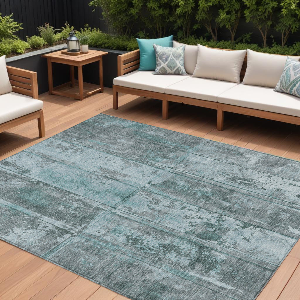 9' X 12' Teal Blue Charcoal And Gray Abstract Washable Indoor Outdoor Area Rug