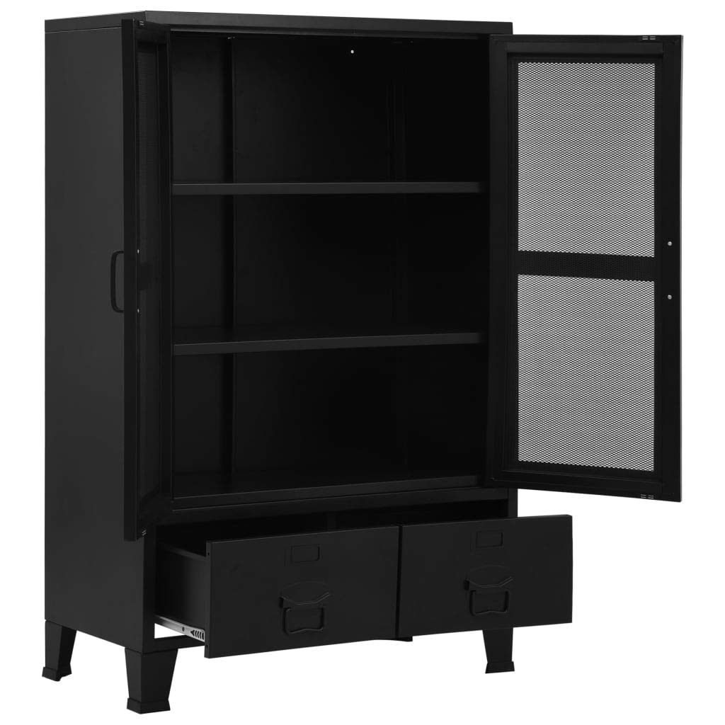 vidaXL Steel Office Cabinet with Mesh Doors ?Black Industrial Style Cabinet with 3 Compartments & 2 Drawers for Efficient File Storage ?Durable, Easy-to-Clean ?29.5"x15.7"x47.2"