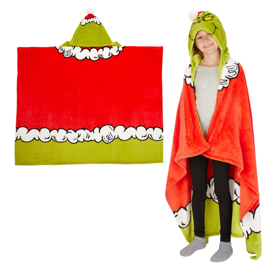 Franco D. Seuss The Grinch Holiday Christmas Kids Bedding Soft Cozy Hooded Throw Blanket, 40 In X 50 In, (Officially Licensed Pr