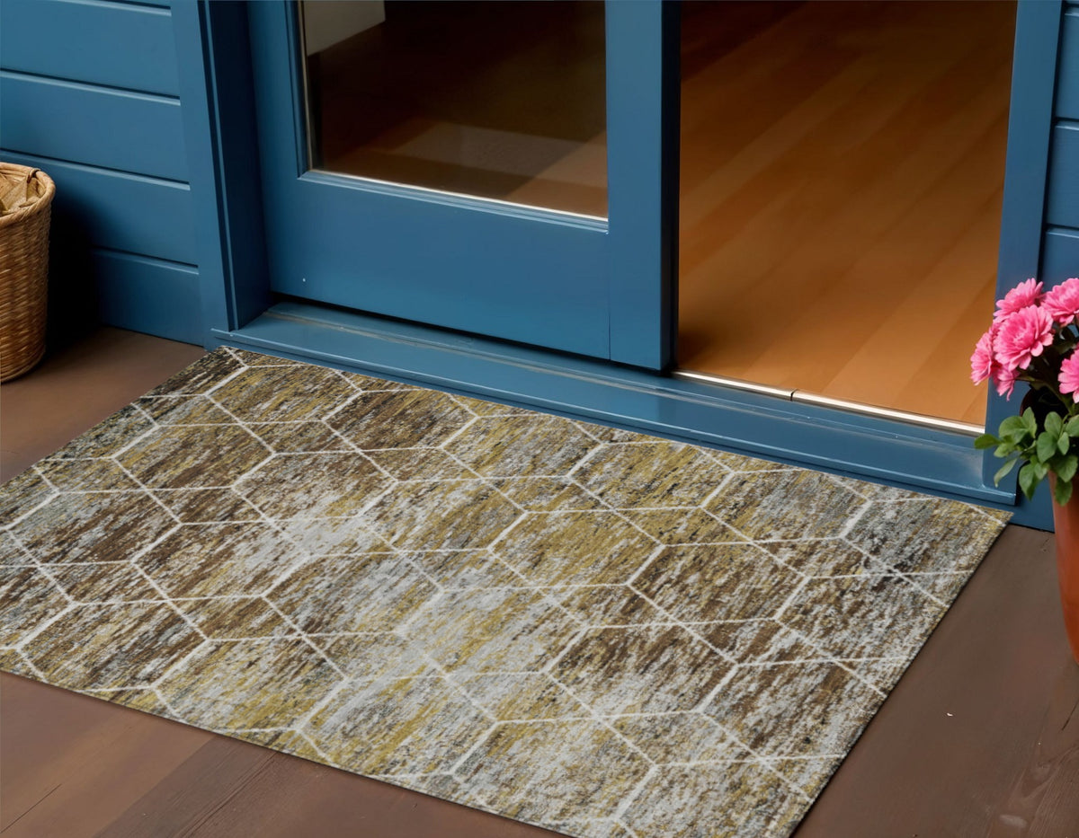 3 X 5 Brown Gold And Ivory Geometric Washable Indoor Outdoor Area Rug