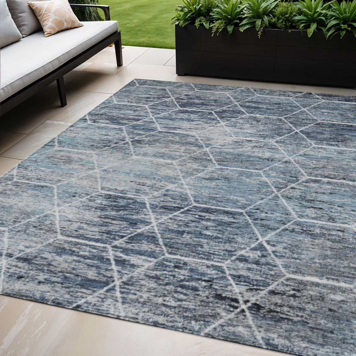 5 X 8 Blue Gray And Ivory Geometric Washable Indoor Outdoor Area Rug