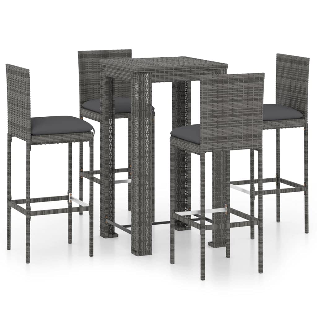 vidaXL 5 Piece Outdoor Patio Bar Set with Cushions - Weather-Resistant Poly Rattan, Powder-Coated Steel Frame, Square Table, Gray