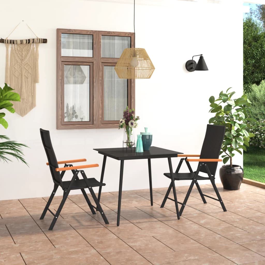 vidaXL 3-Piece Patio Dining Set with PE Rattan and Glass Tabletop - Black and Brown, Weather-Resistant Outdoor Furniture for Garden, Terrace