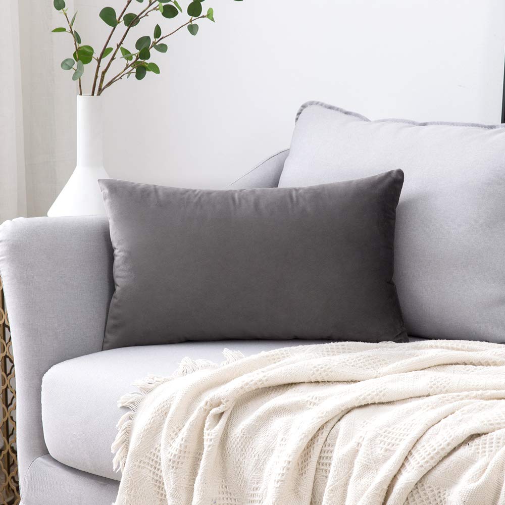Miulee Velvet Pillow Cover Decorative Square Pillowcase Soft Solid Cushion Case For Sofa Bedroom Car 12 X 20 Inch Dark Grey