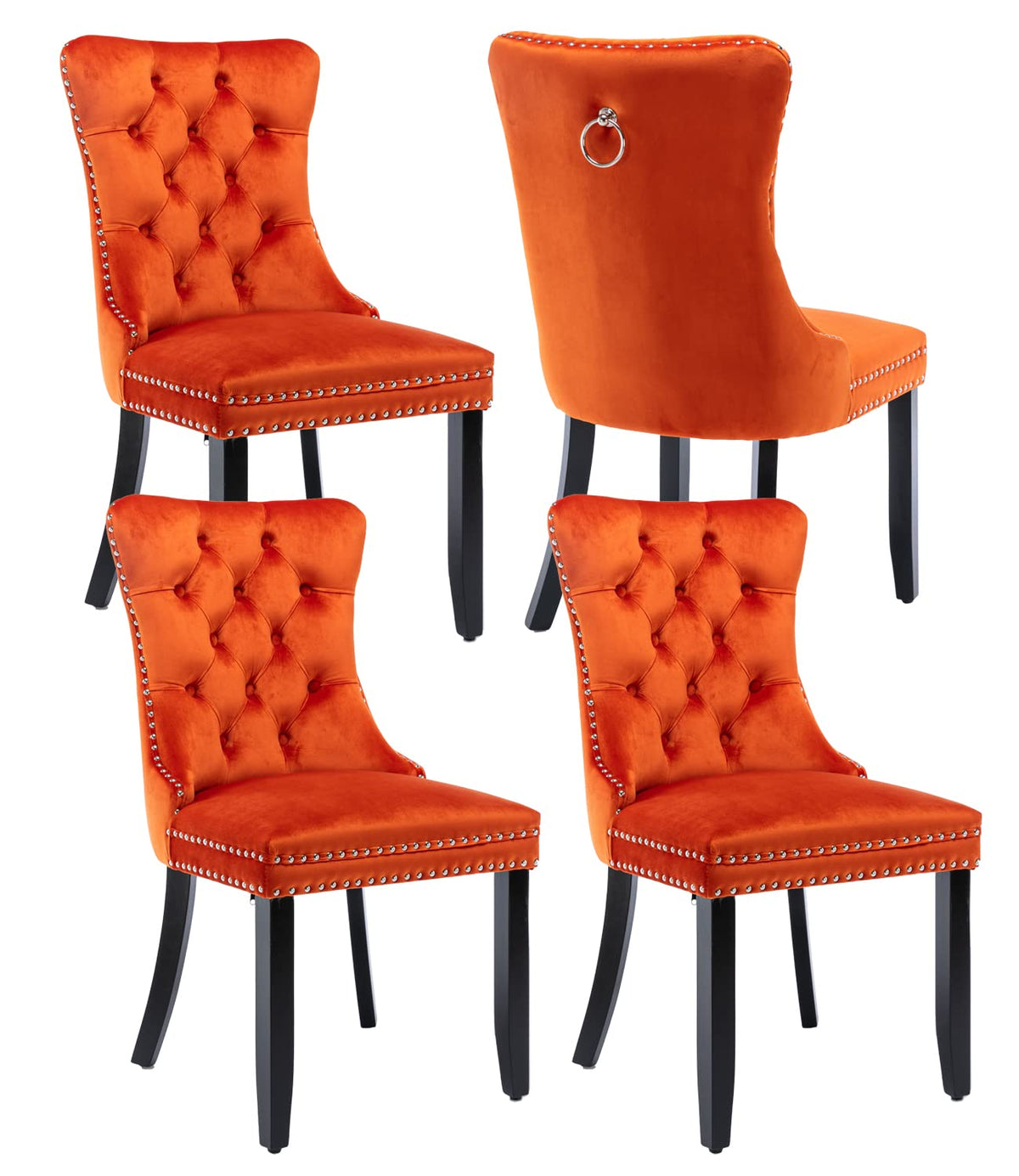 Velvet Dining Chairs Set Of 4, Upholstered Dining Room Chairs With Back Ring Pull Trim And Solid Wood Legs,Tufted Wingback Kitch