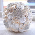 Abbie Home Customization Romantic Bride Wedding Bouquet White & Ivory Satin Roses with Pearls Rhinestone Decorative Brooches Acc