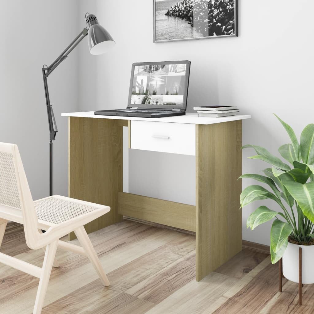 vidaXL Modern Desk in White and Sonoma Oak - Sleek Engineered Wood Construction with Integrated Drawer for Storage and Easy Clean Surface ?39.4x19.7x29.9