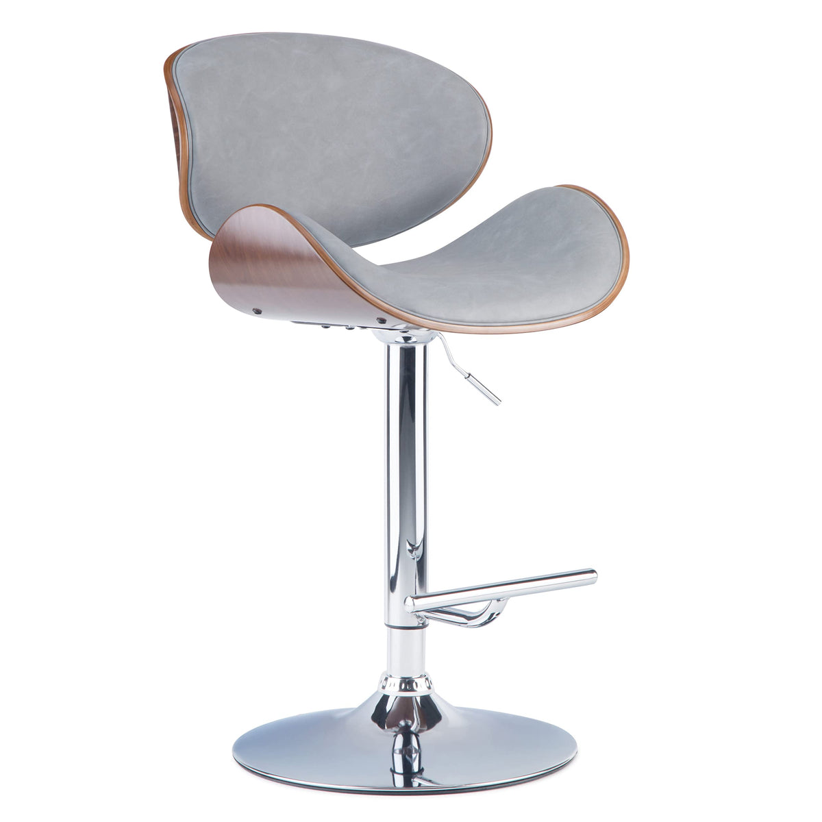 Simplihome Marana 33 Inch Mid Century Modern Bentwood Adjustable Height Gas Lift Bar Stool In Stone Grey Vegan Faux Leather, For
