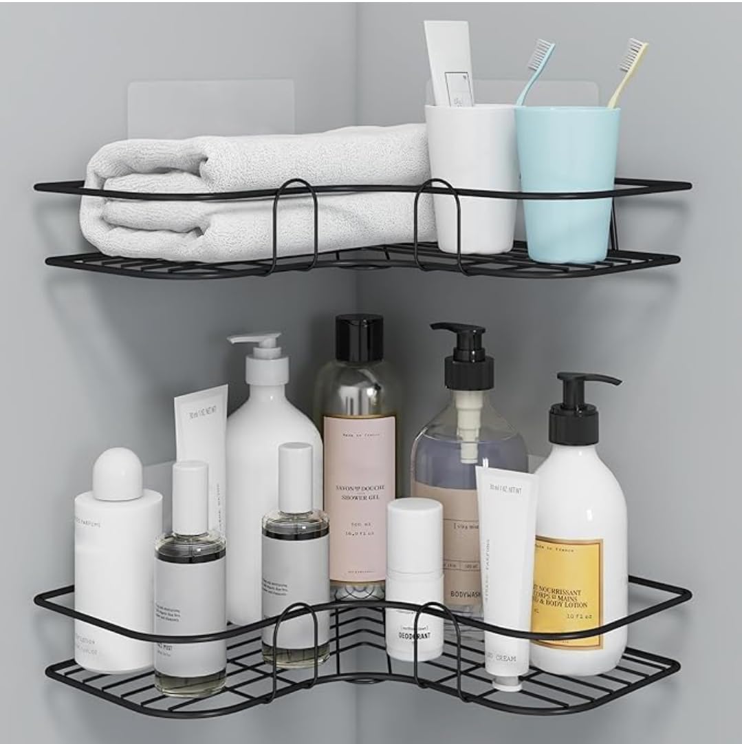 Arr Black Steel Corner Shelf For Bathroom Wall With 2 Adhesive Hooks/No Drill Bathroom Organiser(Pack Of 2)