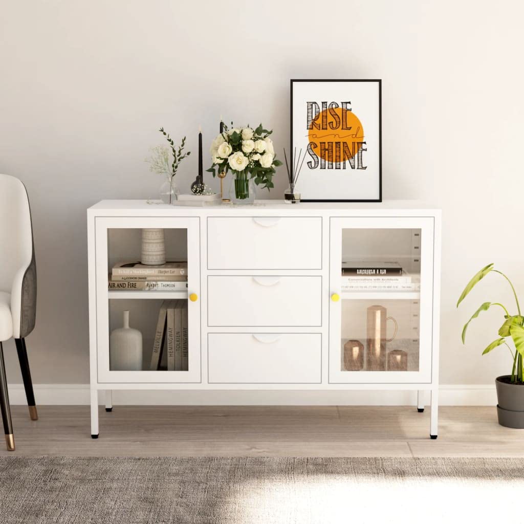 vidaXL Modern Sideboard in White - Durable Steel and Tempered Glass Storage Cabinet with Adjustable Shelves and Drawers
