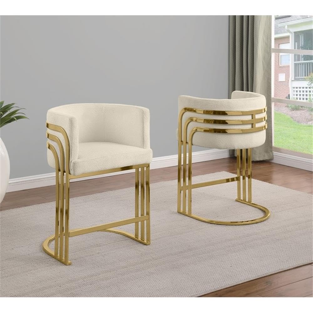 Best Quality Furniture Modern Teddy Fabric Bar Stools with Chrome Legs - Cream - Elegant Barrel Design with Gold Frame - Set of 2 - Perfect for Dining Room, Bar, Office, or Living Room