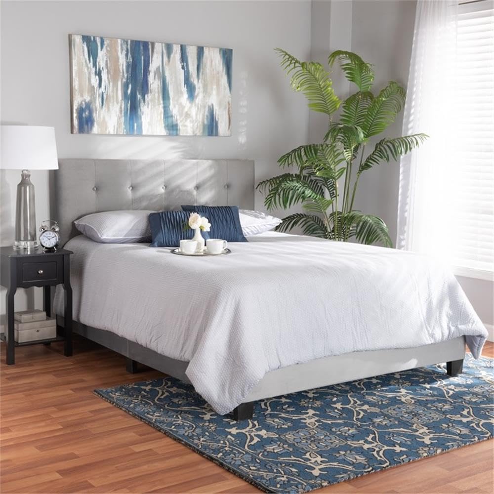 Baxton Studio Caprice Modern and Contemporary Glam Grey Velvet Fabric Upholstered Queen Size Panel Bed